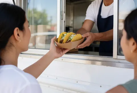 A street food vendor hands tacos to a happy customer from a mobile cart on a sunny day, showcasing fresh Mexican street food service.