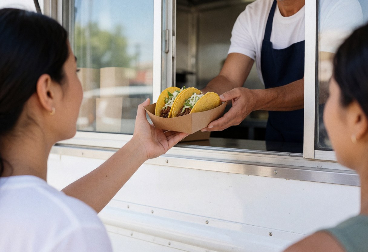 A street food vendor hands tacos to a happy customer from a mobile cart on a sunny day, showcasing fresh Mexican street food service.