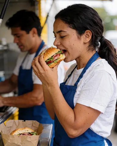 A female food truck vendor enjoying a sandwich while standing near her mobile food service vehicle.