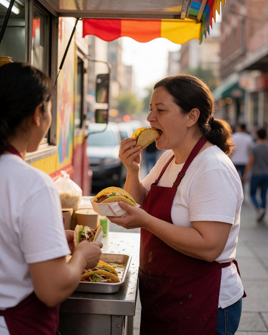 A female chef enjoys a taco while working at her street food truck in the city with other workers nearby.