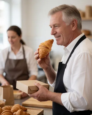 A smiling baker enjoys a freshly baked croissant in his warm cafe while a woman works in the background.