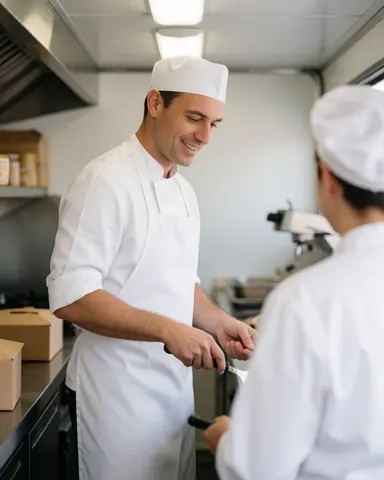 A chef prepares food with a knife in a clean kitchen while another chef stands with their back to the camera