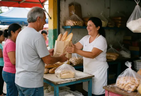 A baker hands over a bag of fresh bread to a customer during a delivery service at a bakery.