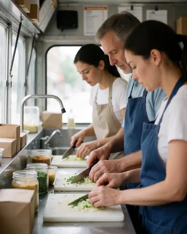 Three people in aprons chopping vegetables on white cutting boards inside a food truck with natural light and blurred urban background