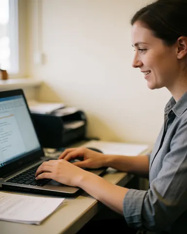 Young female receptionist smiling while typing on a computer at a front desk with papers and a printer nearby