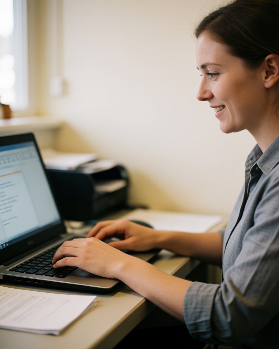 Young female receptionist smiling while typing on a computer at a front desk with papers and a printer nearby