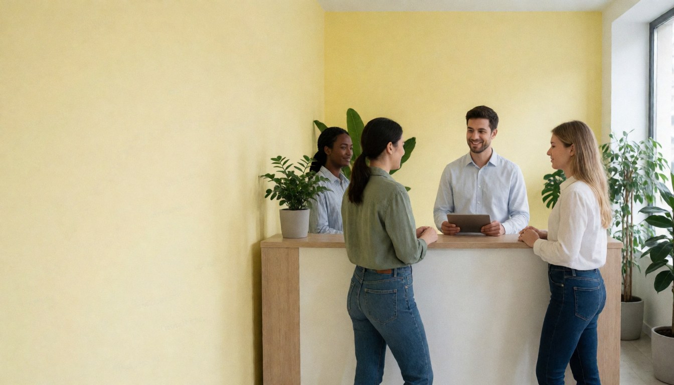 Modern reception area with three people, yellow walls, plants, and text space