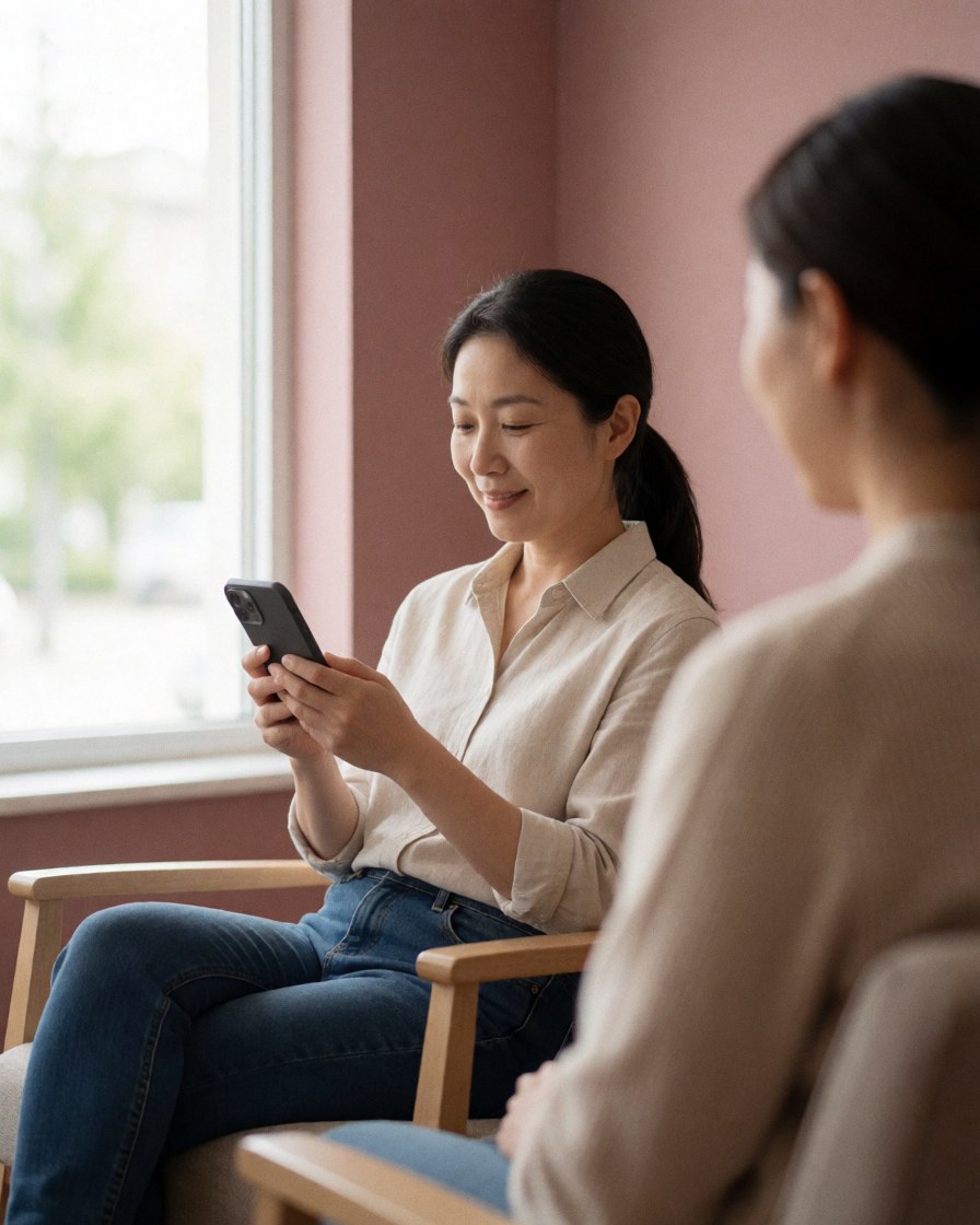 A happy woman sits on a wooden chair in a waiting room with pink walls, looking at her phone with natural light from a window.
