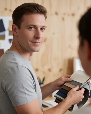A furniture designer in a studio with wood walls displays fabric samples to a client, highlighting professional interior design consultation and material options.