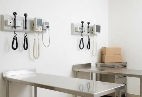 Clean sterile examination room in a veterinary clinic featuring a stainless steel table, medical instruments, and professional healthcare equipment