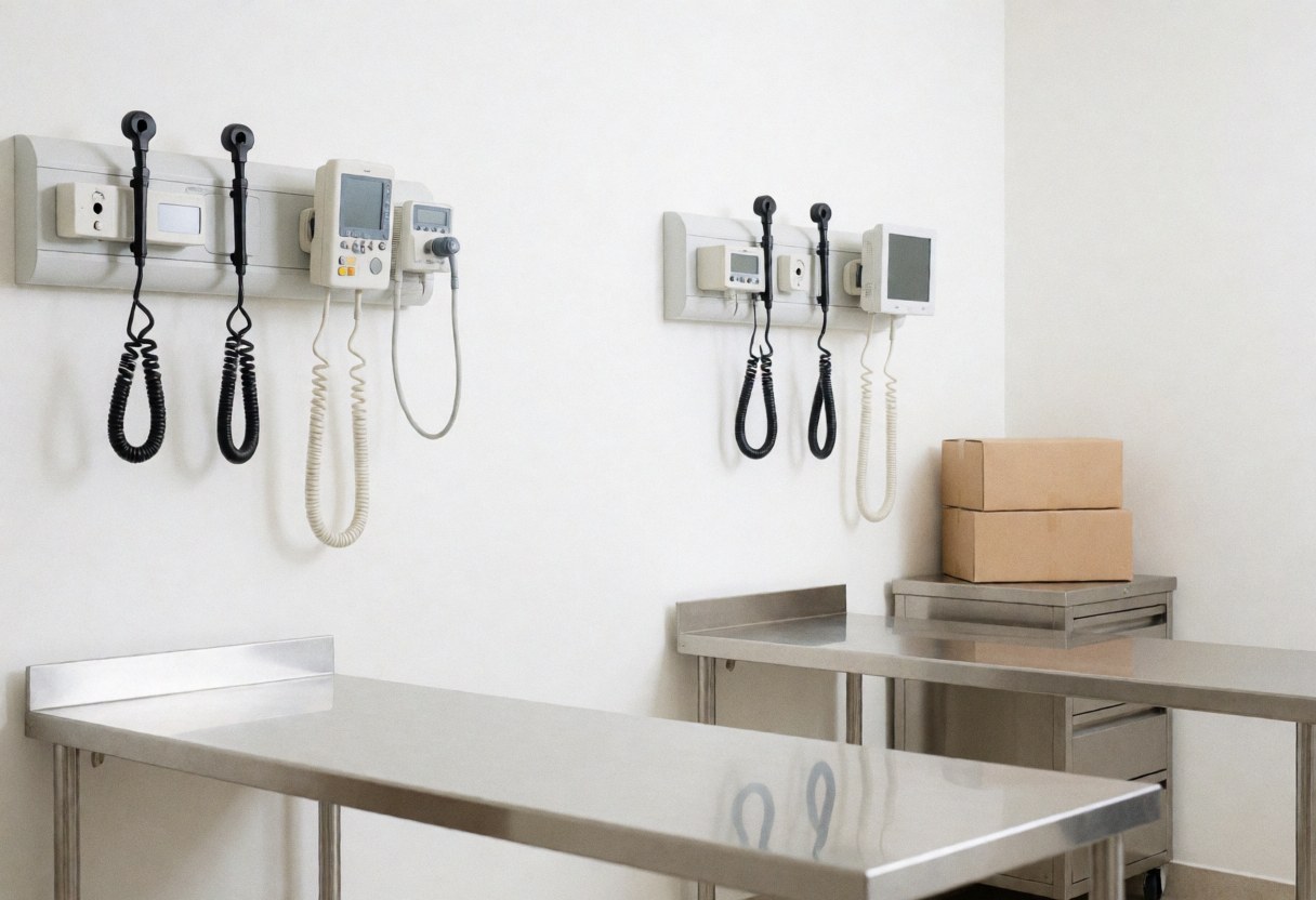 Clean sterile examination room in a veterinary clinic featuring a stainless steel table, medical instruments, and professional healthcare equipment