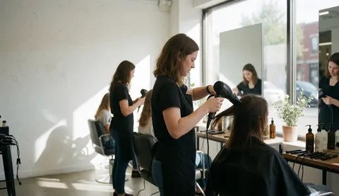 A hairdresser in black uniform drying a seated client's hair in a bright, modern salon with large windows and mirrors.