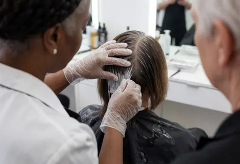 A hairdresser wearing gloves applies hair dye to a client seated in a salon chair during a coloring service.