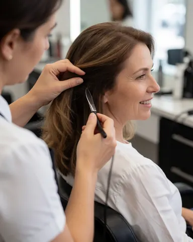 A professional hairdresser cuts the hair of a smiling female client using scissors and clippers in a bright salon with a blurred background.