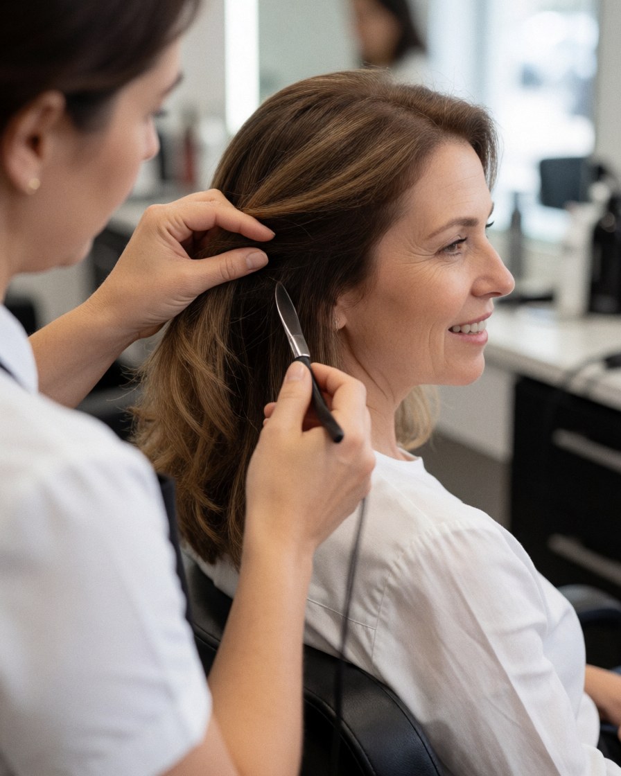A professional hairdresser cuts the hair of a smiling female client using scissors and clippers in a bright salon with a blurred background.