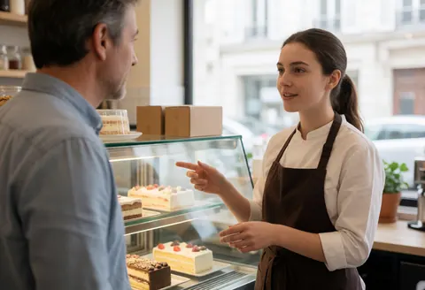 A barista stands behind the counter of a bakery and pastry shop, explaining the different cake options available in the display case to a waiting customer.