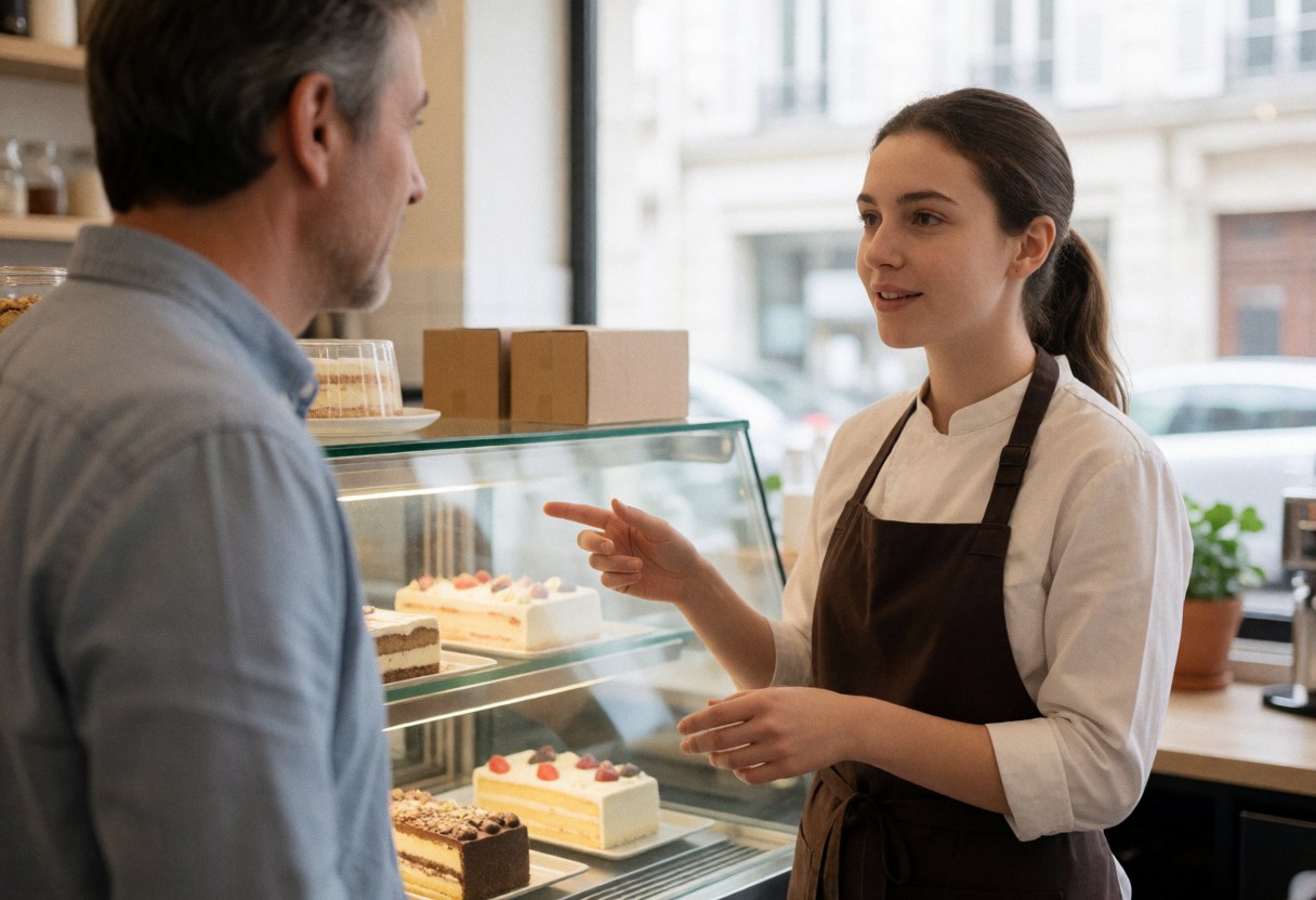A barista stands behind the counter of a bakery and pastry shop, explaining the different cake options available in the display case to a waiting customer.