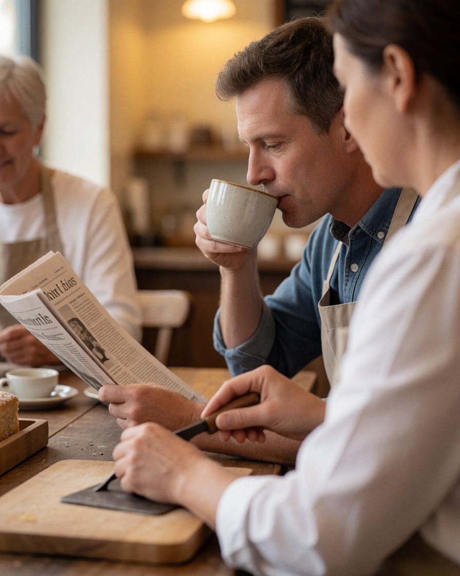 A man enjoys coffee while reading a newspaper at a wooden table. A woman cuts cake with a knife in a warm, cozy bakery setting.