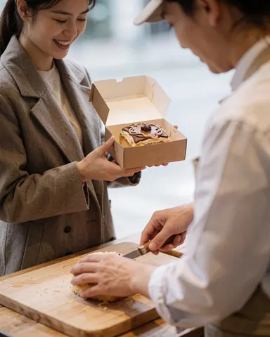A smiling customer holds a cake box while a baker cuts a cake on a wooden table in a bakery shop.