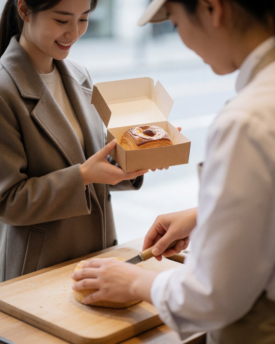 A smiling customer holds a cake box while a baker cuts a cake on a wooden table in a bakery shop.