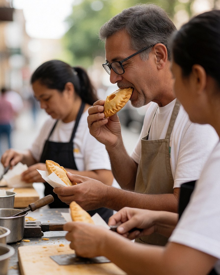 A satisfied man eats a warm empanada outdoors in a public square, with bakery staff preparing food in the background.