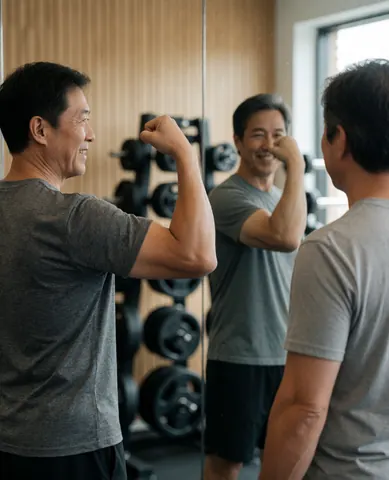 A smiling man checks his bicep reflection in a gym mirror with weights and wooden walls in the background.