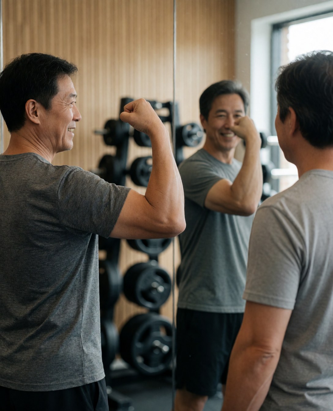 A smiling man checks his bicep reflection in a gym mirror with weights and wooden walls in the background.
