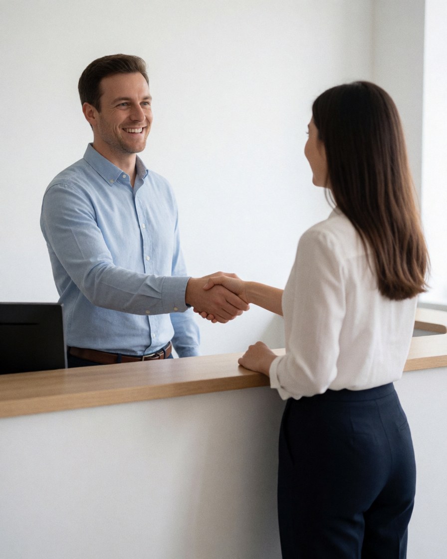 A smiling customer shaking hands with a receptionist at a front desk in a professional office setting