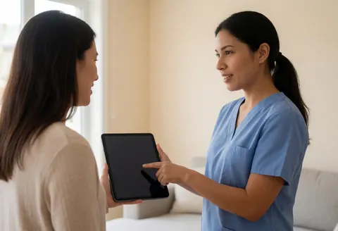 A female veterinarian in a blue uniform explains medical results on a tablet to a client in a modern living room with beige walls and natural light.