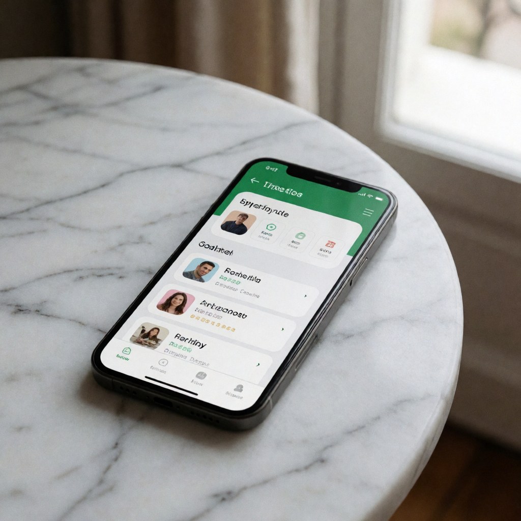 Close-up view of a mobile application interface displayed on a smartphone screen resting on a marble surface near a window with natural light