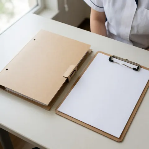 A closed medical consultation folder resting on a wooden desk in a clinical setting, representing patient records and healthcare documentation.