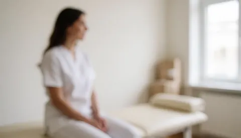 Bright neutral interior of a physical therapy center with a treatment bed, providing a clean backdrop for health service presentations.