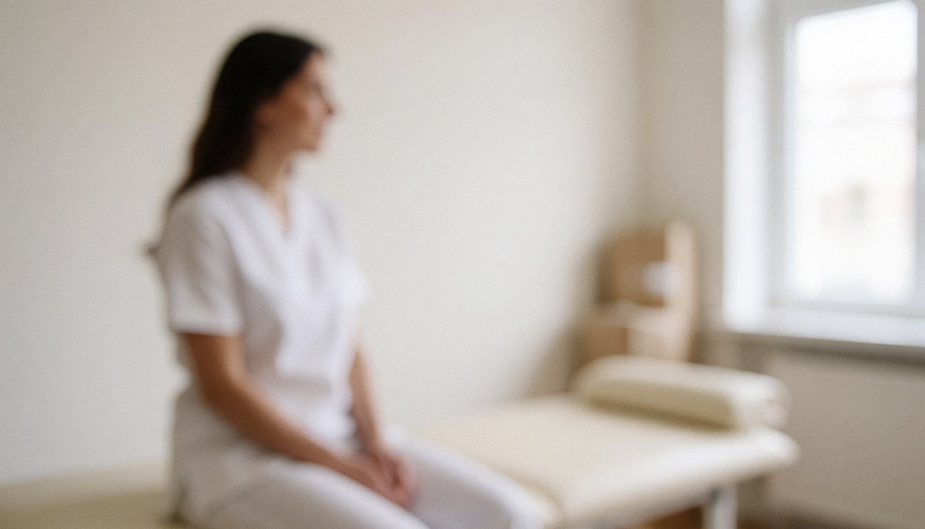 Bright neutral interior of a physical therapy center with a treatment bed, providing a clean backdrop for health service presentations.