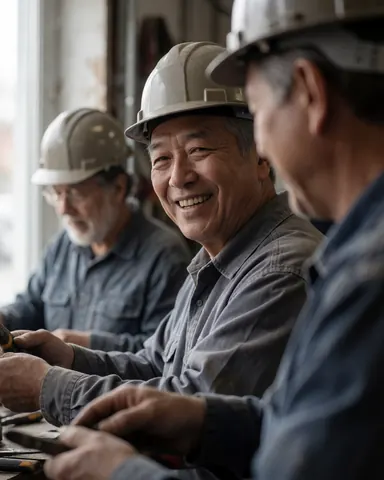 Three workers wearing helmets and holding tools in a garage, one smiling at the camera while working on a construction project.