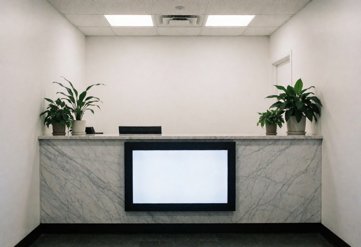 Clean and professional insurance agency reception featuring a marble counter, digital screen, and plants in a well-lit interior space.