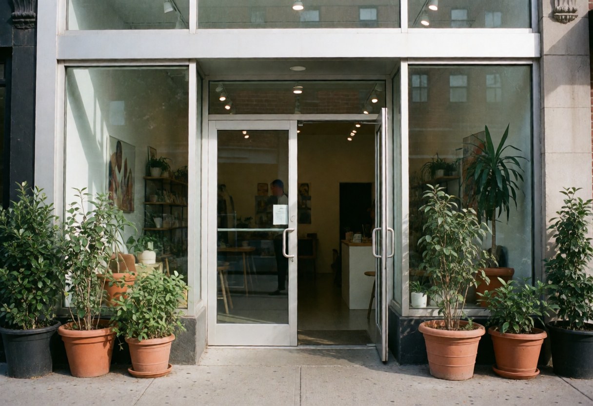 Exterior view of a yoga and pilates studio featuring glass doors, potted plants, and a welcoming entrance with neutral tones.