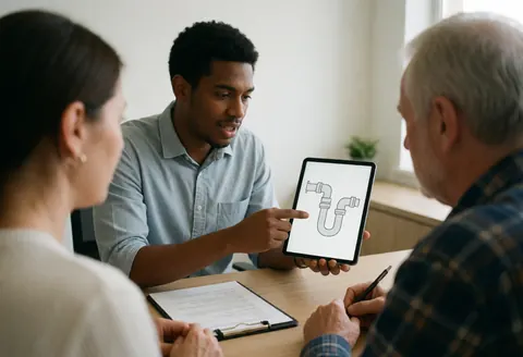 A professional plumber reviews a diagram on a tablet during a specialized plumbing consultation at a desk with tools and documents nearby