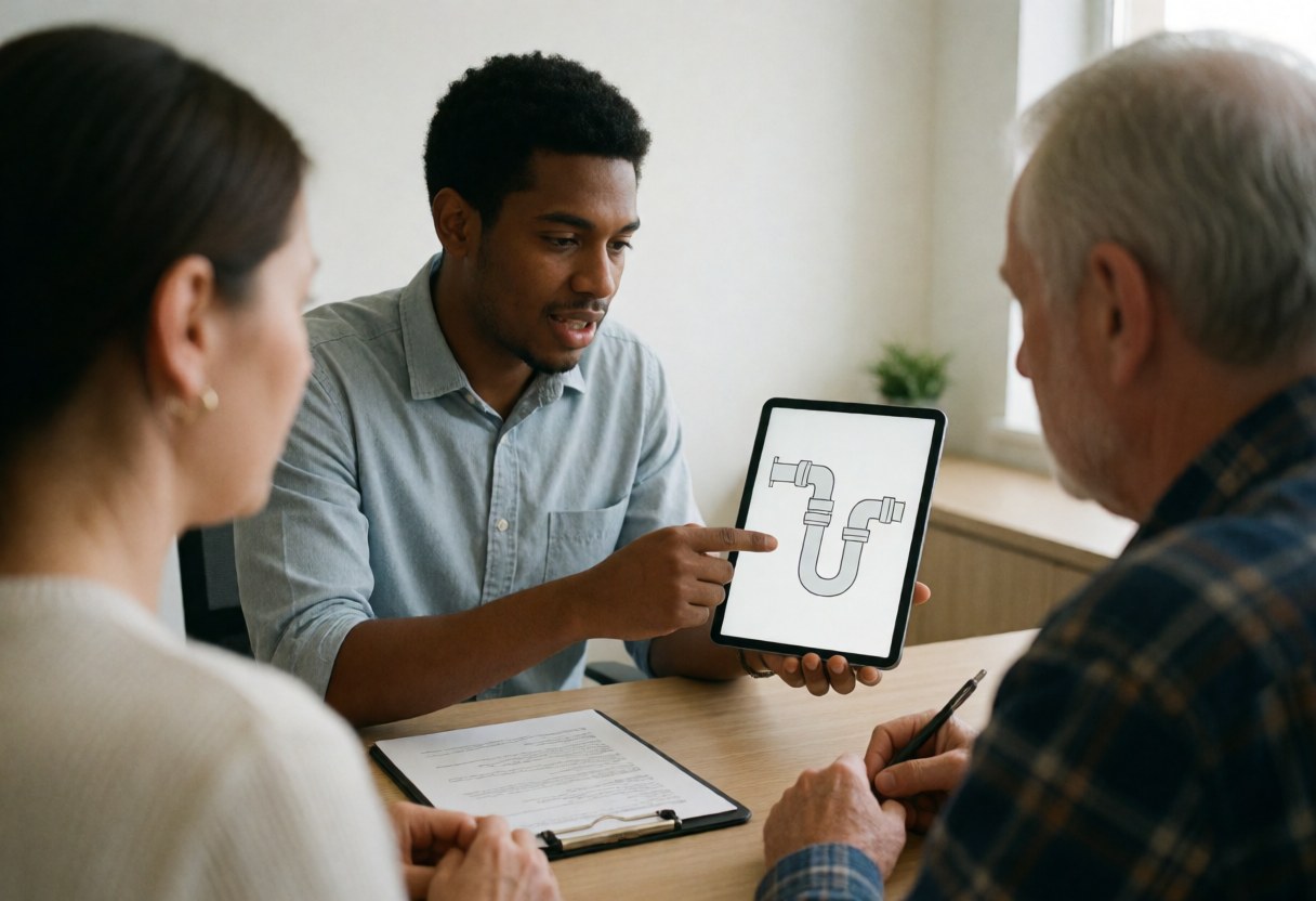 A professional plumber reviews a diagram on a tablet during a specialized plumbing consultation at a desk with tools and documents nearby
