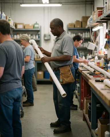 Plumber holding a PVC pipe in a workshop with tools and supplies in the background.