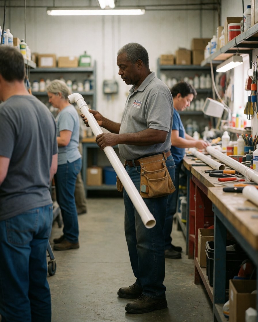 Plumber holding a PVC pipe in a workshop with tools and supplies in the background.