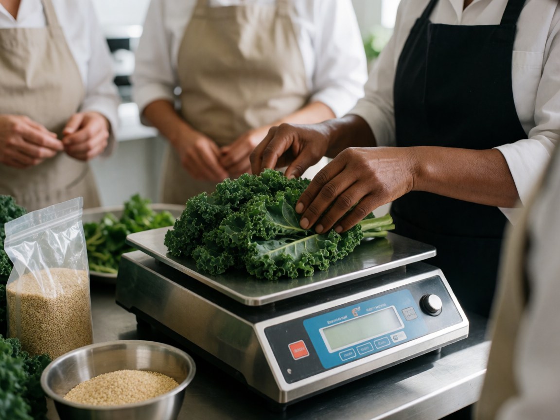 Close-up of a black hand placing fresh green kale onto a digital kitchen scale for healthy food preparation