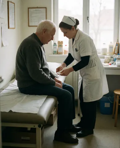 A patient lying on a medical bed receiving care from a healthcare professional in a clinical setting.