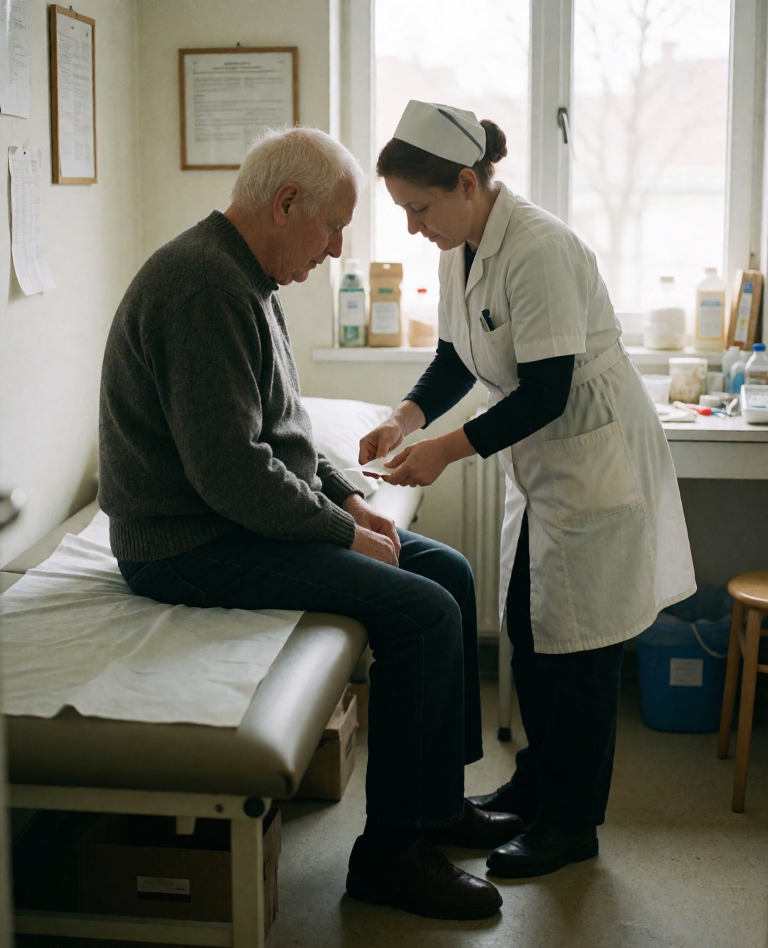 A patient lying on a medical bed receiving care from a healthcare professional in a clinical setting.