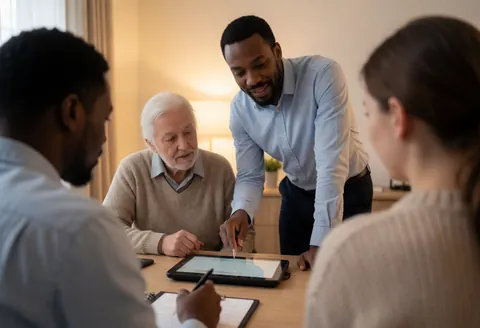 A professional instructor demonstrates a digital tool on a tablet to a client in a home office setting, highlighting online education and technical support.
