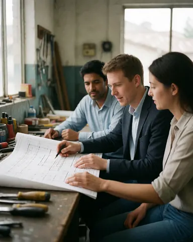 Technicians examine construction plans at a workbench with tools and natural light in a professional industrial setting.