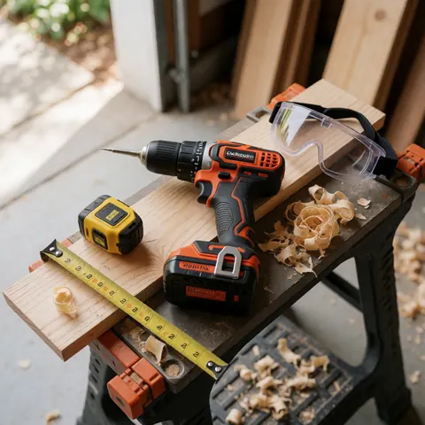 Close-up of a cordless drill in use on wood with visible wood shavings and safety glasses nearby