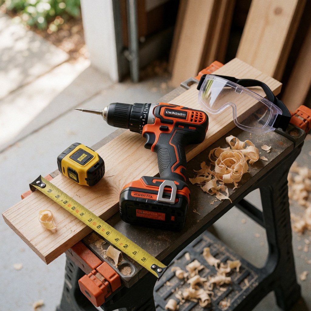 Close-up of a cordless drill in use on wood with visible wood shavings and safety glasses nearby
