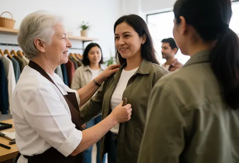 A female sales associate helps a shopper try on a jacket inside a well-lit retail clothing store.