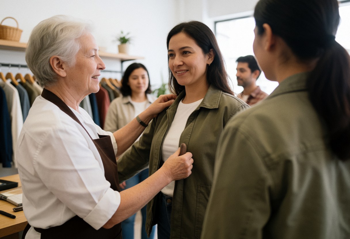 A female sales associate helps a shopper try on a jacket inside a well-lit retail clothing store.