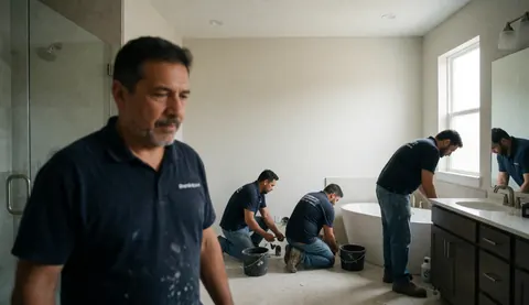 A group of plumbers collaborating on a bathroom remodel, using tools and pipes to install fixtures and complete the renovation work.